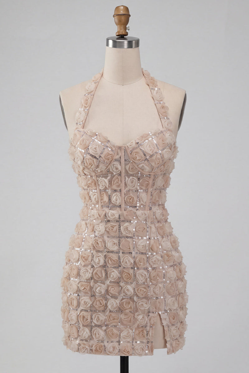 Laden Sie das Bild in den Galerie-Viewer, Champagner-Neckholderhals Kurzer Bodycon Blumen-Homecoming-Kleid mit Pailletten