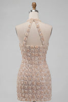 Laden Sie das Bild in den Galerie-Viewer, Champagner-Neckholderhals Kurzer Bodycon Blumen-Homecoming-Kleid mit Pailletten