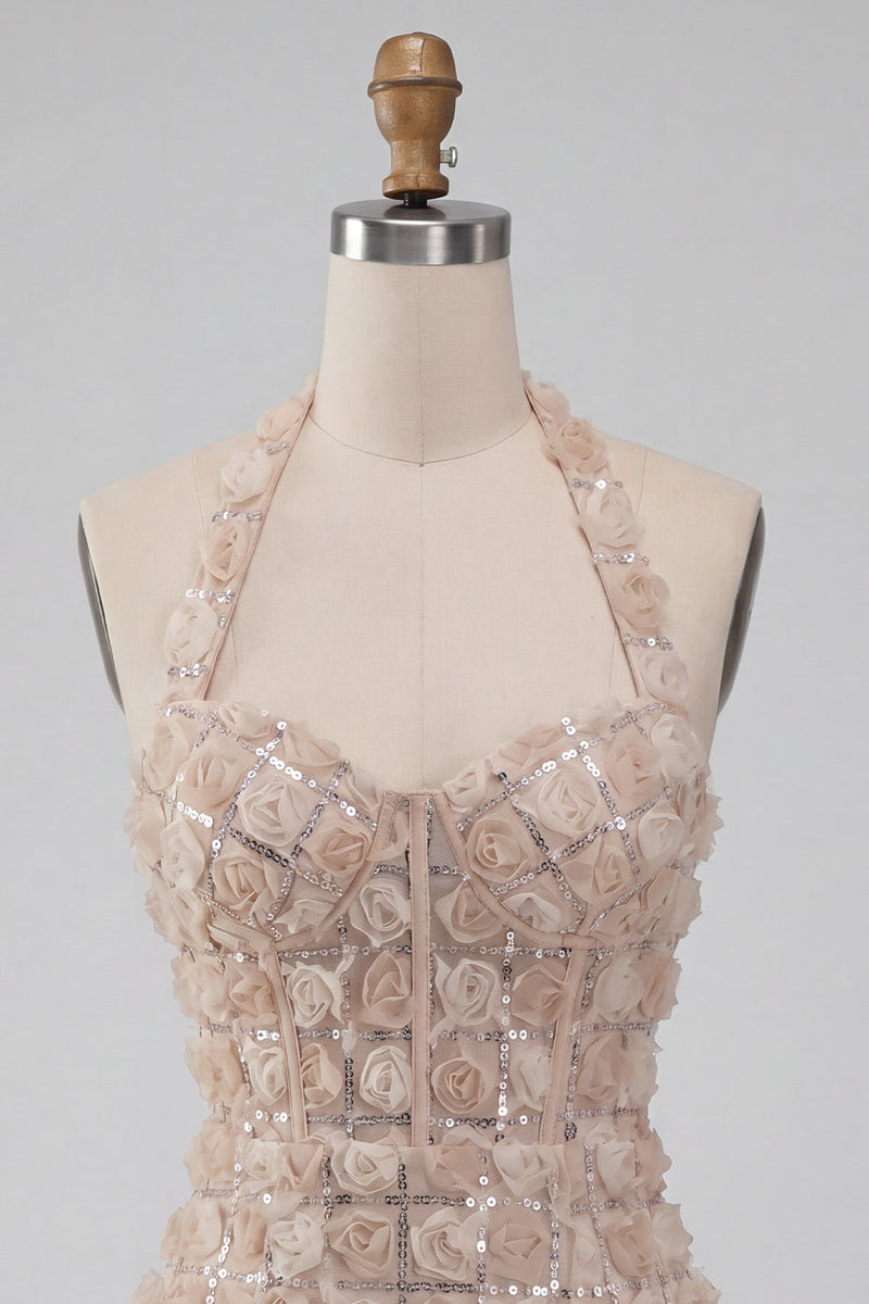 Laden Sie das Bild in den Galerie-Viewer, Champagner-Neckholderhals Kurzer Bodycon Blumen-Homecoming-Kleid mit Pailletten