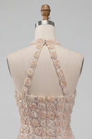 Laden Sie das Bild in den Galerie-Viewer, Champagner-Neckholderhals Kurzer Bodycon Blumen-Homecoming-Kleid mit Pailletten