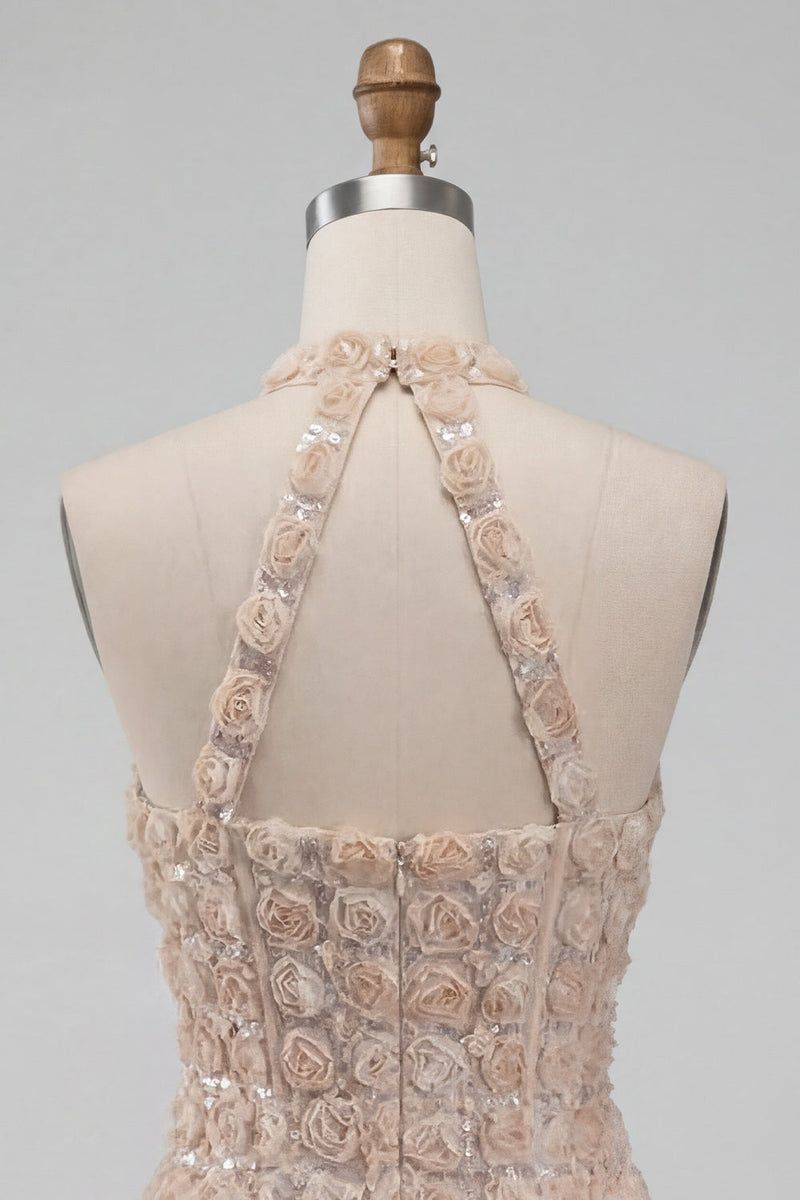 Laden Sie das Bild in den Galerie-Viewer, Champagner-Neckholderhals Kurzer Bodycon Blumen-Homecoming-Kleid mit Pailletten