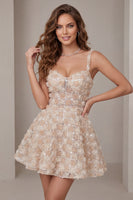 Laden Sie das Bild in den Galerie-Viewer, A-Line Champagner-Blumenkleid mit kurzen, dicken Trägern und Pailletten