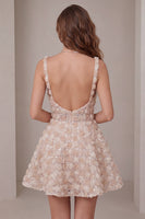 Laden Sie das Bild in den Galerie-Viewer, A-Line Champagner-Blumenkleid mit kurzen, dicken Trägern und Pailletten
