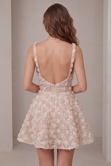 A-Linie Champagner Blumen Kurzes Abendkleid mit dicken Trägern und Pailletten