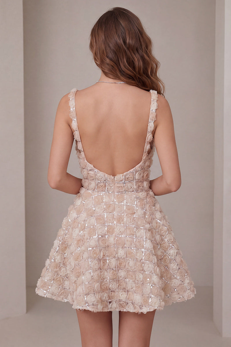 Laden Sie das Bild in den Galerie-Viewer, A-Line Champagner-Blumenkleid mit kurzen, dicken Trägern und Pailletten