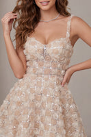 Laden Sie das Bild in den Galerie-Viewer, A-Line Champagner-Blumenkleid mit kurzen, dicken Trägern und Pailletten