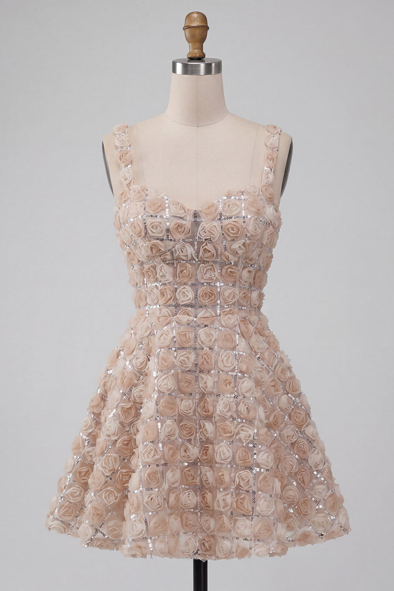 Laden Sie das Bild in den Galerie-Viewer, A-Line Champagner-Blumenkleid mit kurzen, dicken Trägern und Pailletten