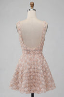 Laden Sie das Bild in den Galerie-Viewer, A-Line Champagner-Blumenkleid mit kurzen, dicken Trägern und Pailletten