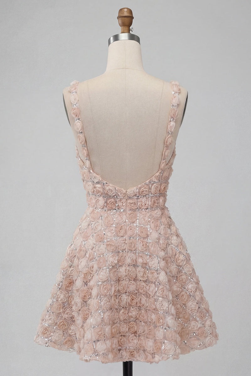 Laden Sie das Bild in den Galerie-Viewer, A-Line Champagner-Blumenkleid mit kurzen, dicken Trägern und Pailletten