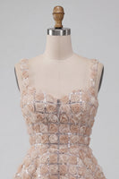 Laden Sie das Bild in den Galerie-Viewer, A-Line Champagner-Blumenkleid mit kurzen, dicken Trägern und Pailletten