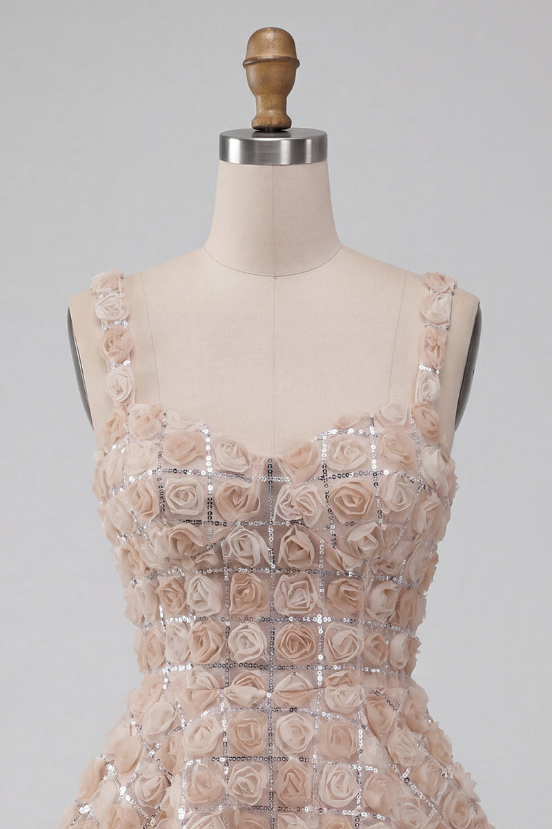 Laden Sie das Bild in den Galerie-Viewer, A-Line Champagner-Blumenkleid mit kurzen, dicken Trägern und Pailletten