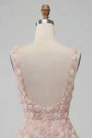 Laden Sie das Bild in den Galerie-Viewer, A-Line Champagner-Blumenkleid mit kurzen, dicken Trägern und Pailletten