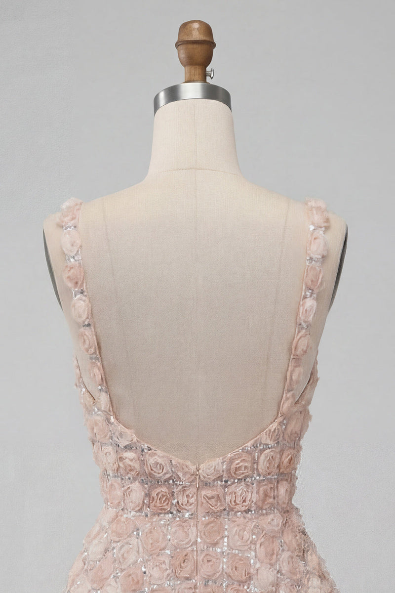 Laden Sie das Bild in den Galerie-Viewer, A-Line Champagner-Blumenkleid mit kurzen, dicken Trägern und Pailletten