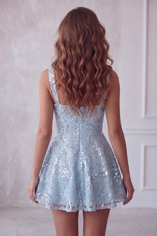 A-Linie Himmelblaues Dickes Träger Blumen Pailletten Kurzes Abendkleid mit Schleife