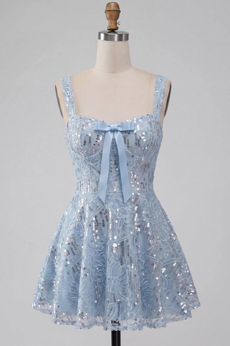 Laden Sie das Bild in den Galerie-Viewer, A-Line himmelblaues dickes Träger Kurzes Blumenpailletten-Homecoming-Kleid mit Schleife