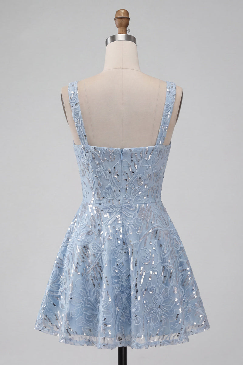 Laden Sie das Bild in den Galerie-Viewer, A-Line himmelblaues dickes Träger Kurzes Blumenpailletten-Homecoming-Kleid mit Schleife