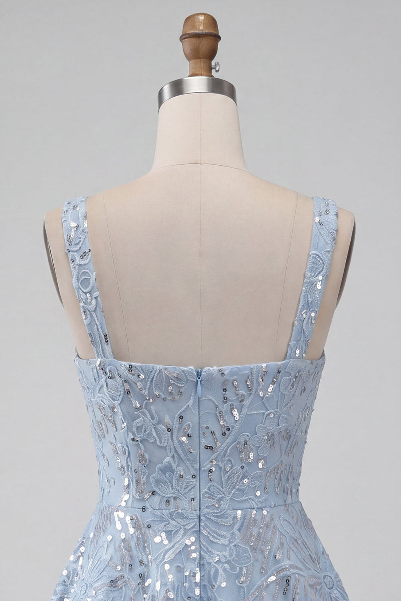 Laden Sie das Bild in den Galerie-Viewer, A-Line himmelblaues dickes Träger Kurzes Blumenpailletten-Homecoming-Kleid mit Schleife