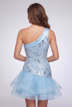 Himmelblaues Einschulter Blumen Pailletten Kurzes Abendkleid mit Rüschen