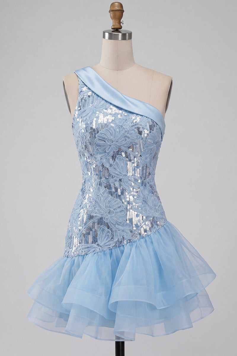 Laden Sie das Bild in den Galerie-Viewer, Himmelblaues einschulterfarbenes Blumenpailletten-Kurzes Homecoming-Kleid mit Rüschen