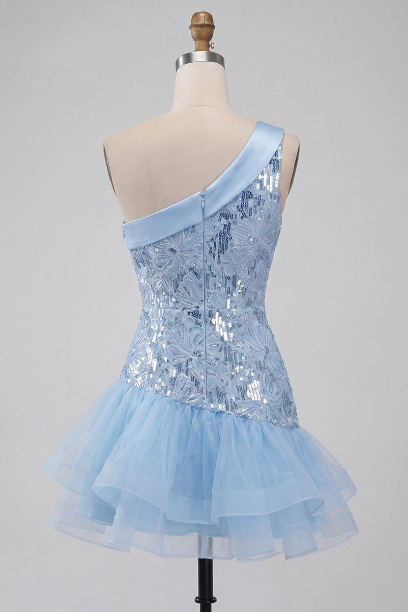 Laden Sie das Bild in den Galerie-Viewer, Himmelblaues einschulterfarbenes Blumenpailletten-Kurzes Homecoming-Kleid mit Rüschen