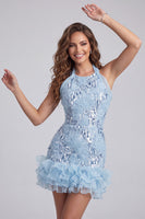 Laden Sie das Bild in den Galerie-Viewer, Halterhals, himmelblauer Blumen-Rüschen-Bodycon-Kurzschluss-Homecoming-Kleid mit Pailletten