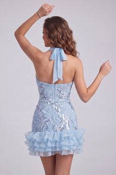 Halterhals Himmelblaues Blumen Rüschen Bodycon Kurzes Abendkleid mit Pailletten