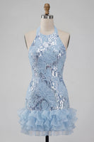 Laden Sie das Bild in den Galerie-Viewer, Halterhals, himmelblauer Blumen-Rüschen-Bodycon-Kurzschluss-Homecoming-Kleid mit Pailletten