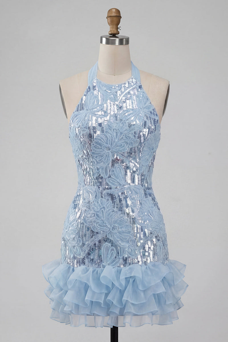 Laden Sie das Bild in den Galerie-Viewer, Halterhals, himmelblauer Blumen-Rüschen-Bodycon-Kurzschluss-Homecoming-Kleid mit Pailletten