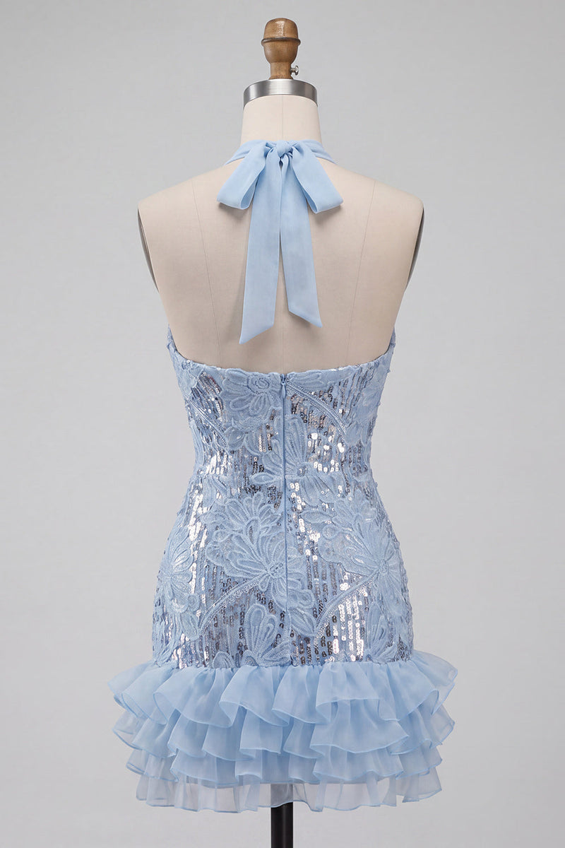 Laden Sie das Bild in den Galerie-Viewer, Halterhals, himmelblauer Blumen-Rüschen-Bodycon-Kurzschluss-Homecoming-Kleid mit Pailletten