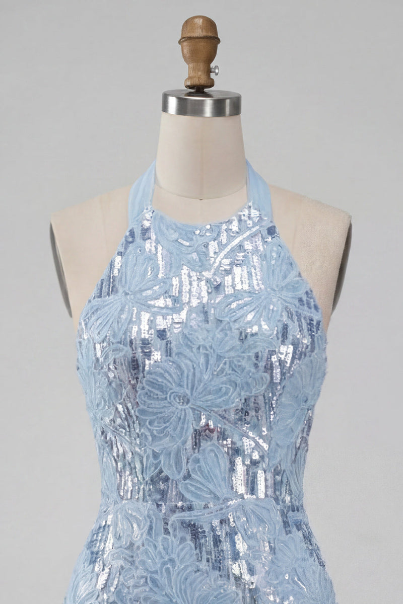 Laden Sie das Bild in den Galerie-Viewer, Halterhals, himmelblauer Blumen-Rüschen-Bodycon-Kurzschluss-Homecoming-Kleid mit Pailletten