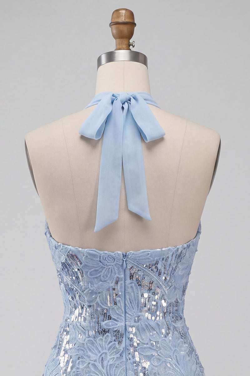 Laden Sie das Bild in den Galerie-Viewer, Halterhals, himmelblauer Blumen-Rüschen-Bodycon-Kurzschluss-Homecoming-Kleid mit Pailletten