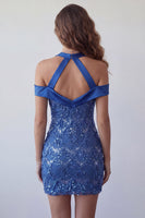 Laden Sie das Bild in den Galerie-Viewer, Königsblauer Neckholder-Bodycon Kurzer Homecoming-Kleid mit Pailletten