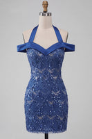 Laden Sie das Bild in den Galerie-Viewer, Königsblauer Neckholder-Bodycon Kurzer Homecoming-Kleid mit Pailletten