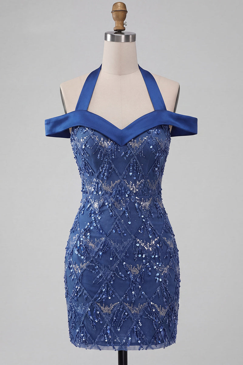 Laden Sie das Bild in den Galerie-Viewer, Königsblauer Neckholder-Bodycon Kurzer Homecoming-Kleid mit Pailletten