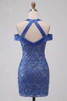 Laden Sie das Bild in den Galerie-Viewer, Königsblauer Neckholder-Bodycon Kurzer Homecoming-Kleid mit Pailletten