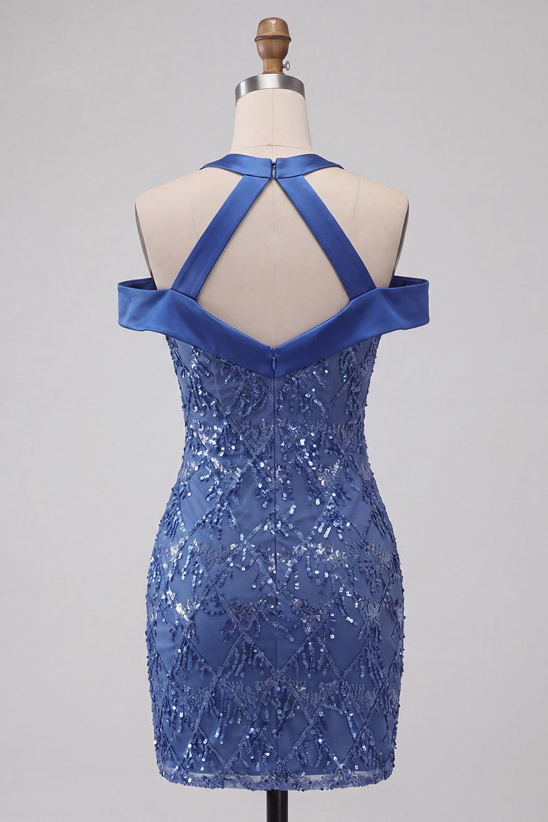 Laden Sie das Bild in den Galerie-Viewer, Königsblauer Neckholder-Bodycon Kurzer Homecoming-Kleid mit Pailletten