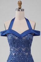 Laden Sie das Bild in den Galerie-Viewer, Königsblauer Neckholder-Bodycon Kurzer Homecoming-Kleid mit Pailletten