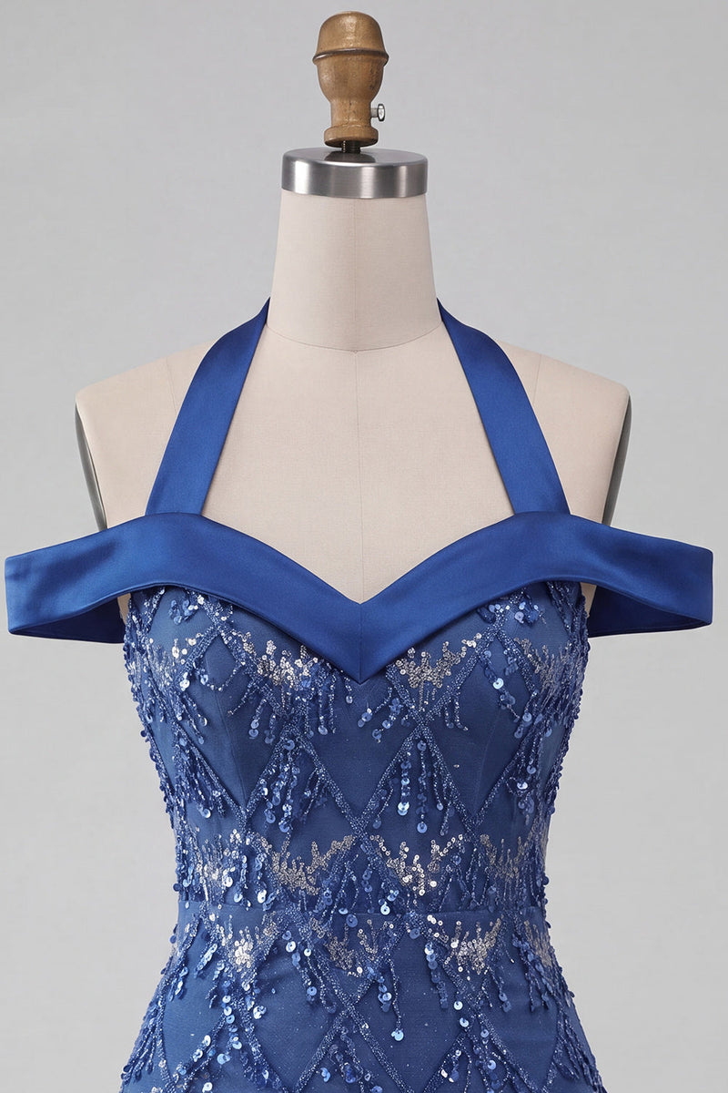 Laden Sie das Bild in den Galerie-Viewer, Königsblauer Neckholder-Bodycon Kurzer Homecoming-Kleid mit Pailletten