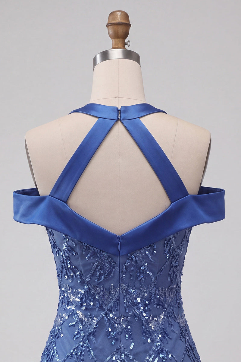 Laden Sie das Bild in den Galerie-Viewer, Königsblauer Neckholder-Bodycon Kurzer Homecoming-Kleid mit Pailletten
