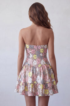 Glitzerndes Rosa Sweetheart A-Linie Gestuftes Florales Kurzes Abendkleid mit Pailletten
