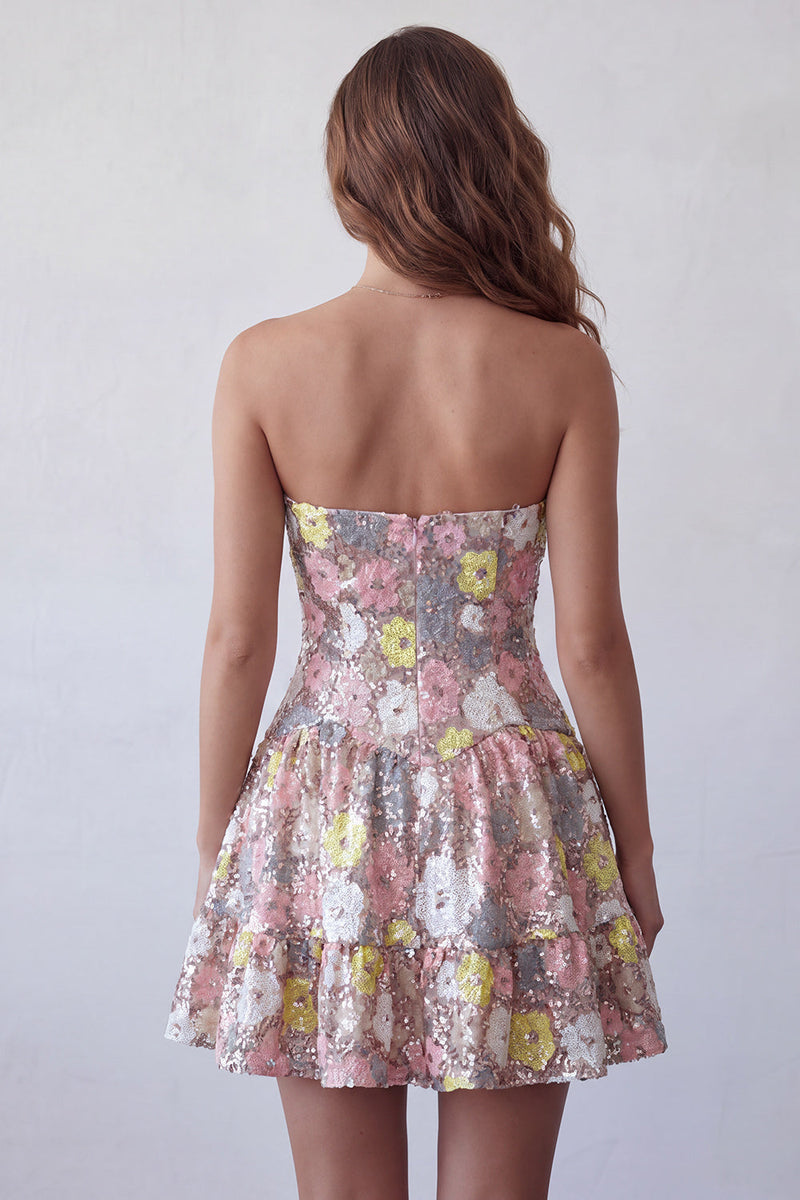 Laden Sie das Bild in den Galerie-Viewer, Glitzerndes pinkes Sweetheart A-Line gestuftes, florales Homecoming-Heimkehrkleid mit Pailletten