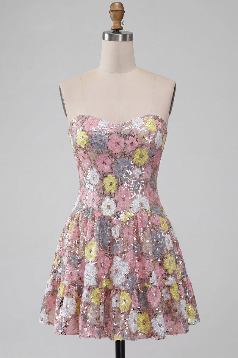 Laden Sie das Bild in den Galerie-Viewer, Glitzerndes pinkes Sweetheart A-Line gestuftes, florales Homecoming-Heimkehrkleid mit Pailletten