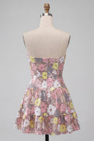Laden Sie das Bild in den Galerie-Viewer, Glitzerndes pinkes Sweetheart A-Line gestuftes, florales Homecoming-Heimkehrkleid mit Pailletten