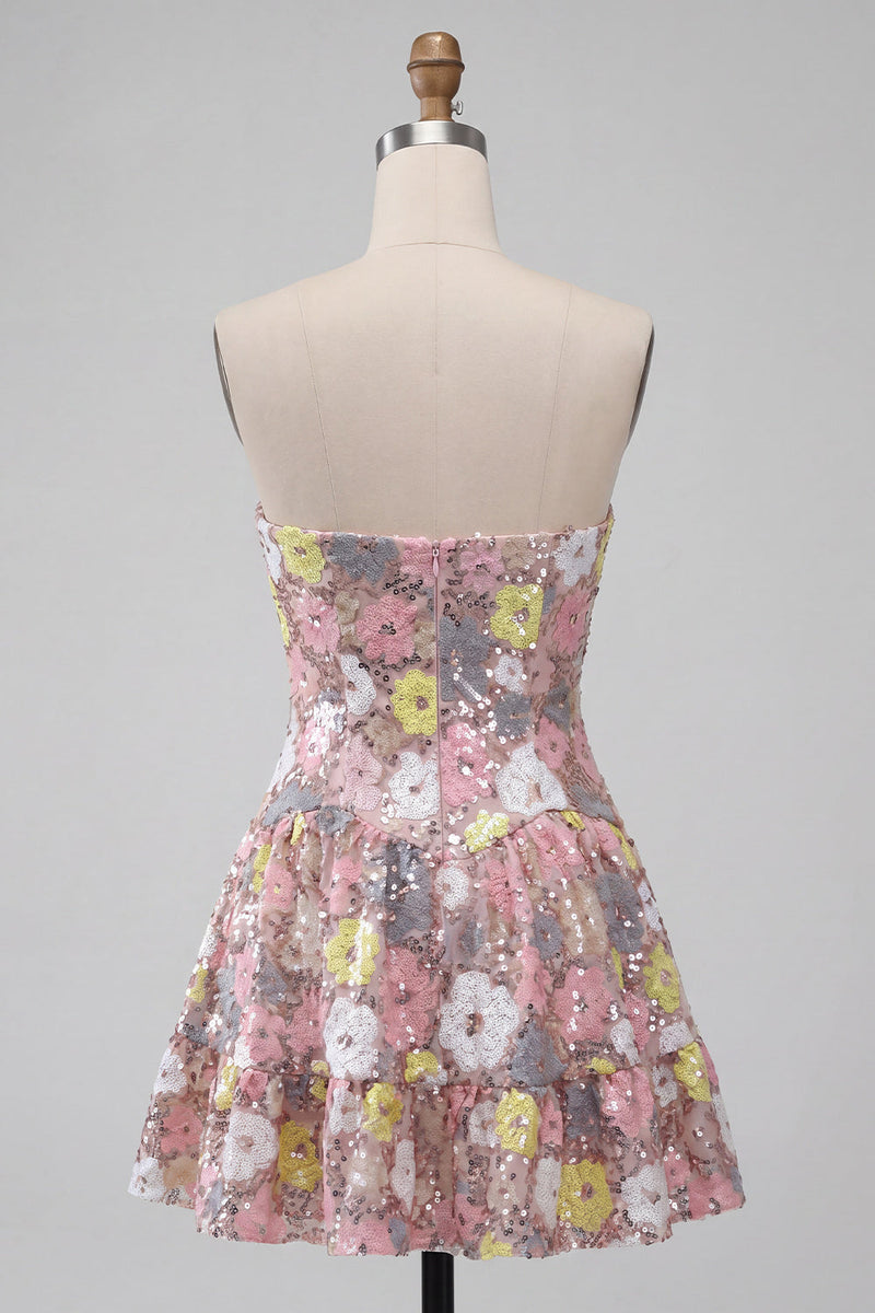 Laden Sie das Bild in den Galerie-Viewer, Glitzerndes pinkes Sweetheart A-Line gestuftes, florales Homecoming-Heimkehrkleid mit Pailletten