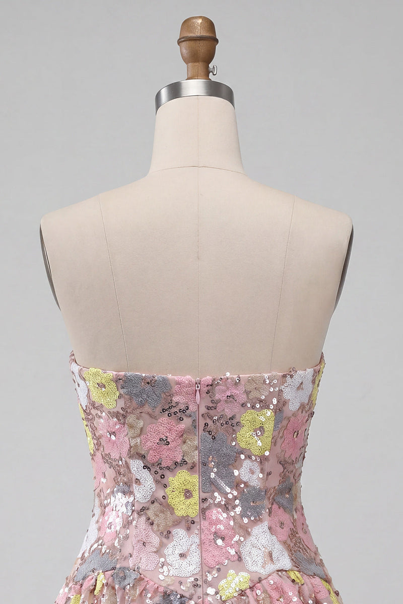 Laden Sie das Bild in den Galerie-Viewer, Glitzerndes pinkes Sweetheart A-Line gestuftes, florales Homecoming-Heimkehrkleid mit Pailletten