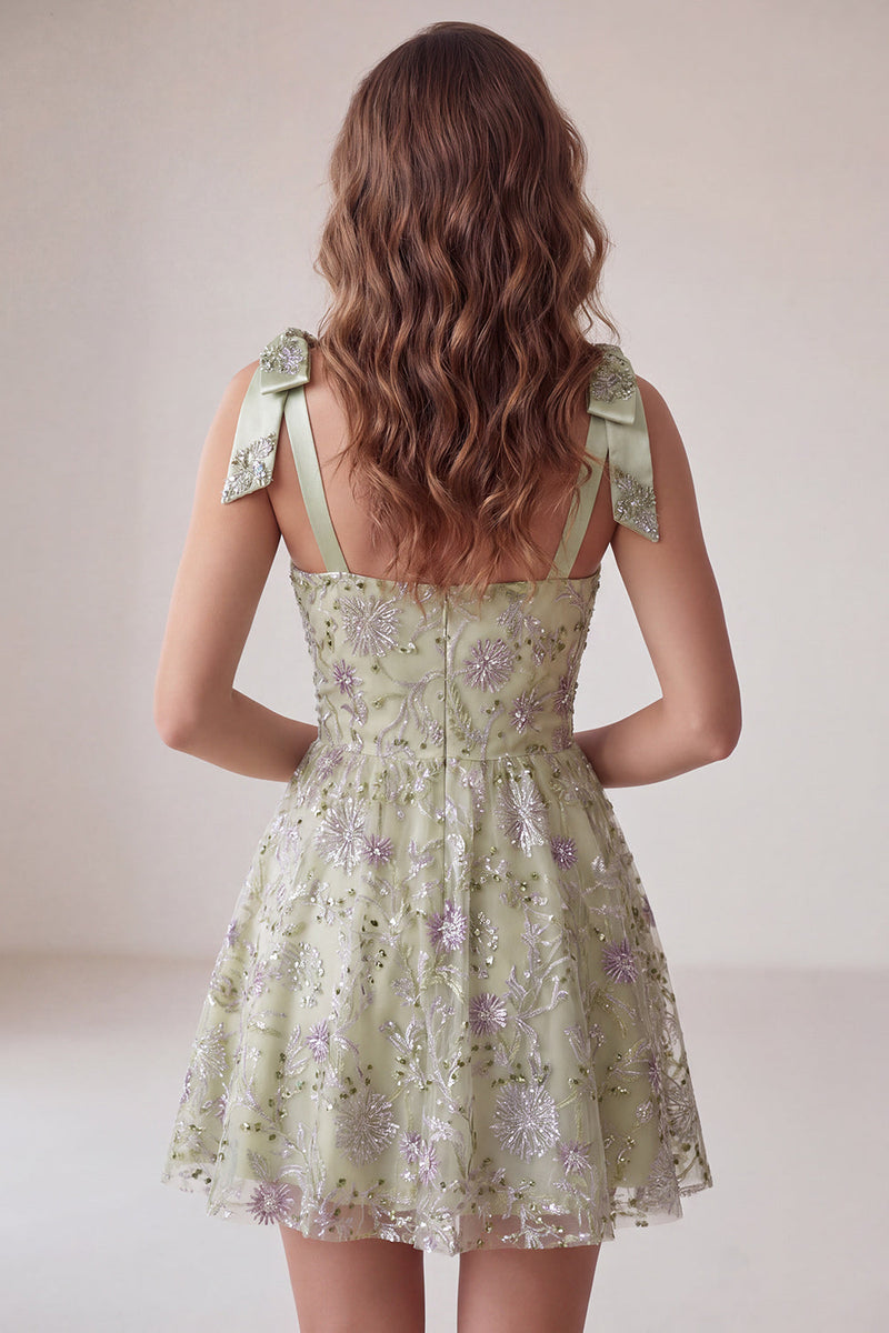 Laden Sie das Bild in den Galerie-Viewer, Staubiges Salbei-A-Linie, geblümte, dicke Träger Kurzes Homecoming-Kleid mit Perlen