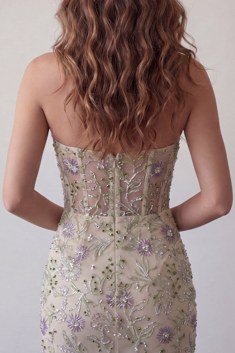 Laden Sie das Bild in den Galerie-Viewer, Sweetheart Dusty Sage Bodycon Floral Sheer Korsett Kurzes Homecoming-Kleid mit Perlen