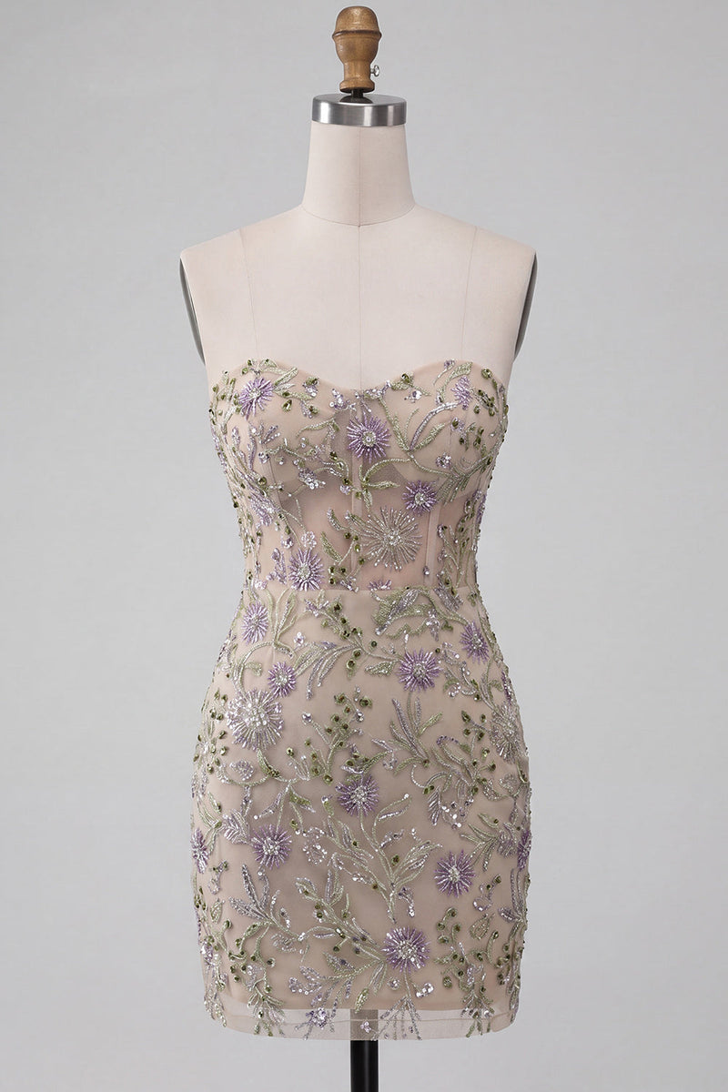 Laden Sie das Bild in den Galerie-Viewer, Sweetheart Dusty Sage Bodycon Floral Sheer Korsett Kurzes Homecoming-Kleid mit Perlen