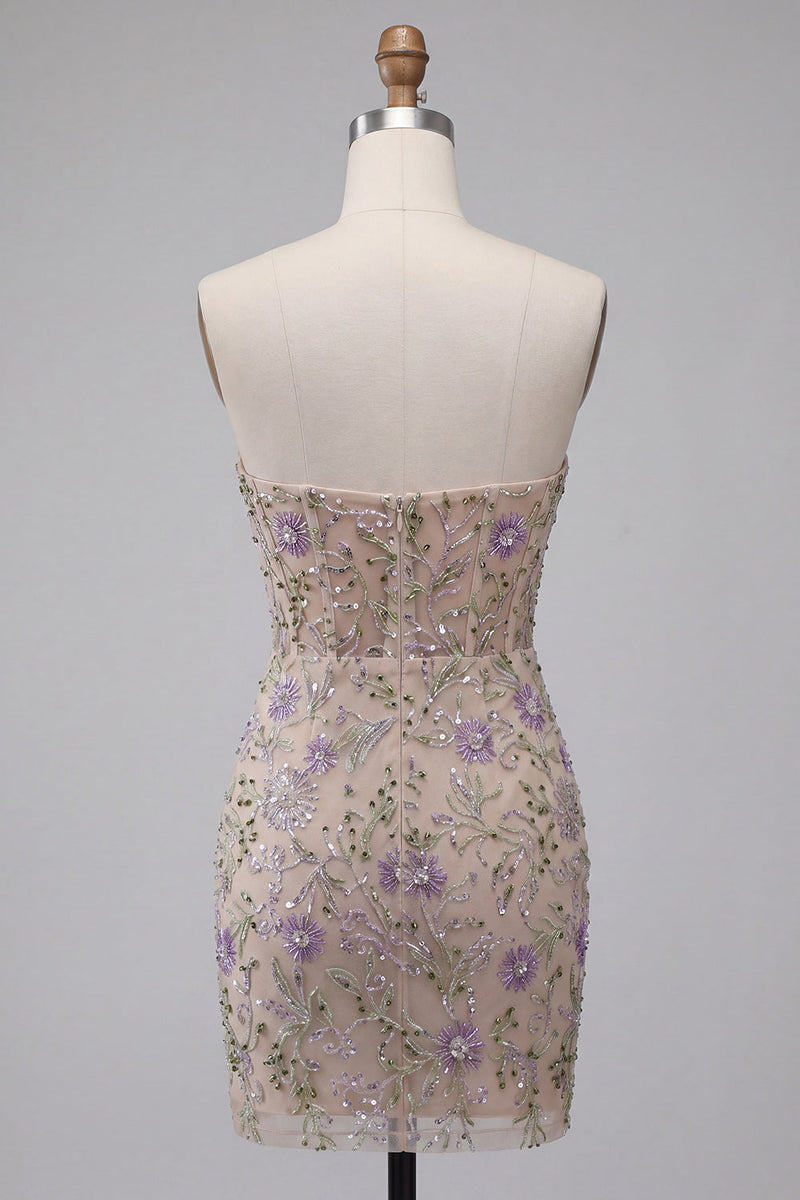 Laden Sie das Bild in den Galerie-Viewer, Sweetheart Dusty Sage Bodycon Floral Sheer Korsett Kurzes Homecoming-Kleid mit Perlen