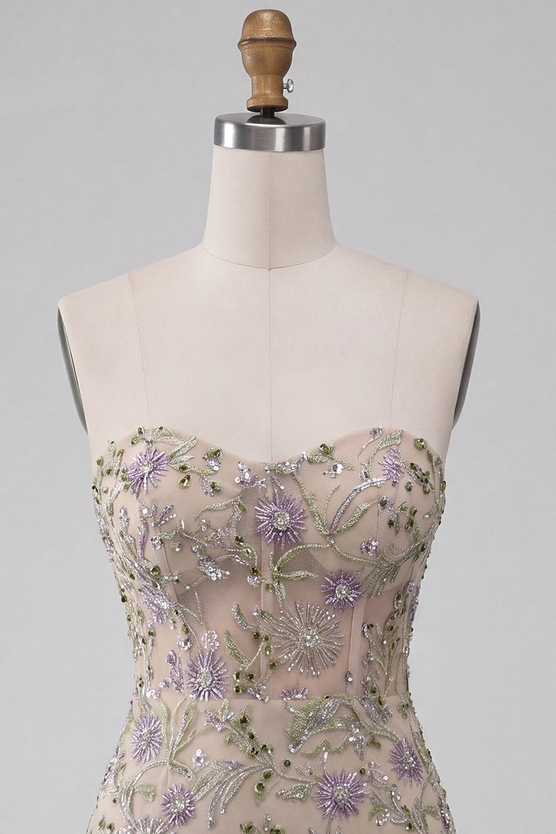 Laden Sie das Bild in den Galerie-Viewer, Sweetheart Dusty Sage Bodycon Floral Sheer Korsett Kurzes Homecoming-Kleid mit Perlen